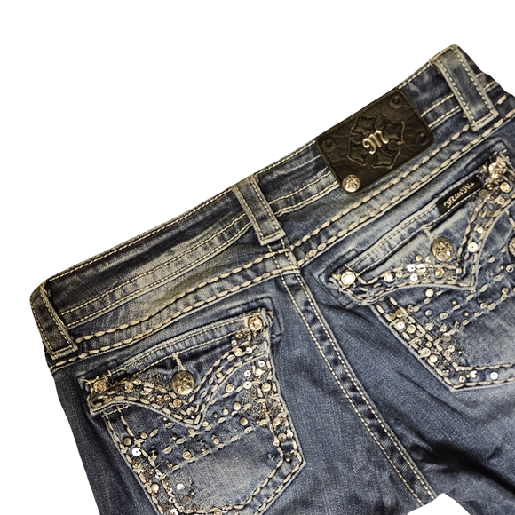 Miss Me Blue Straight Leg Jeans with Ornate Rhinestone Design - Picture 2 of 7